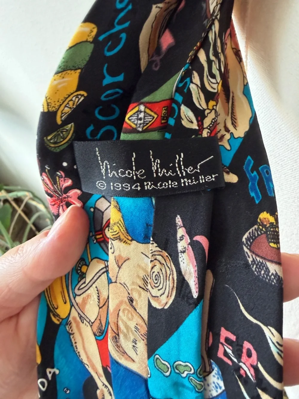 Vintage Nicole Miller 1994 Silk Neck Tie Vacation Print, Seafood, Whimsical